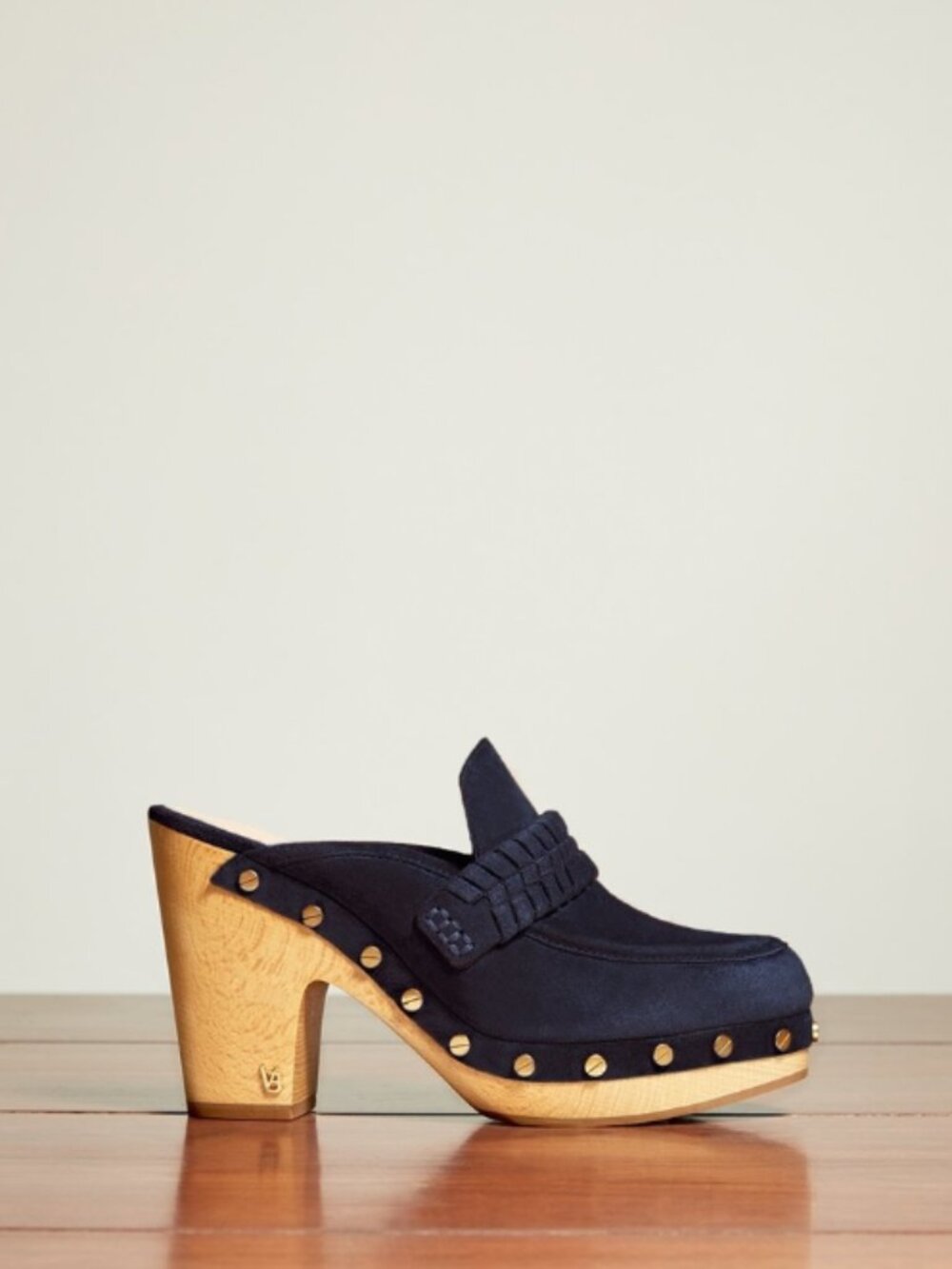 Veronica Beard Delia Suede Clog Eclipse Mule Slides Studded Trim Wooden Platform